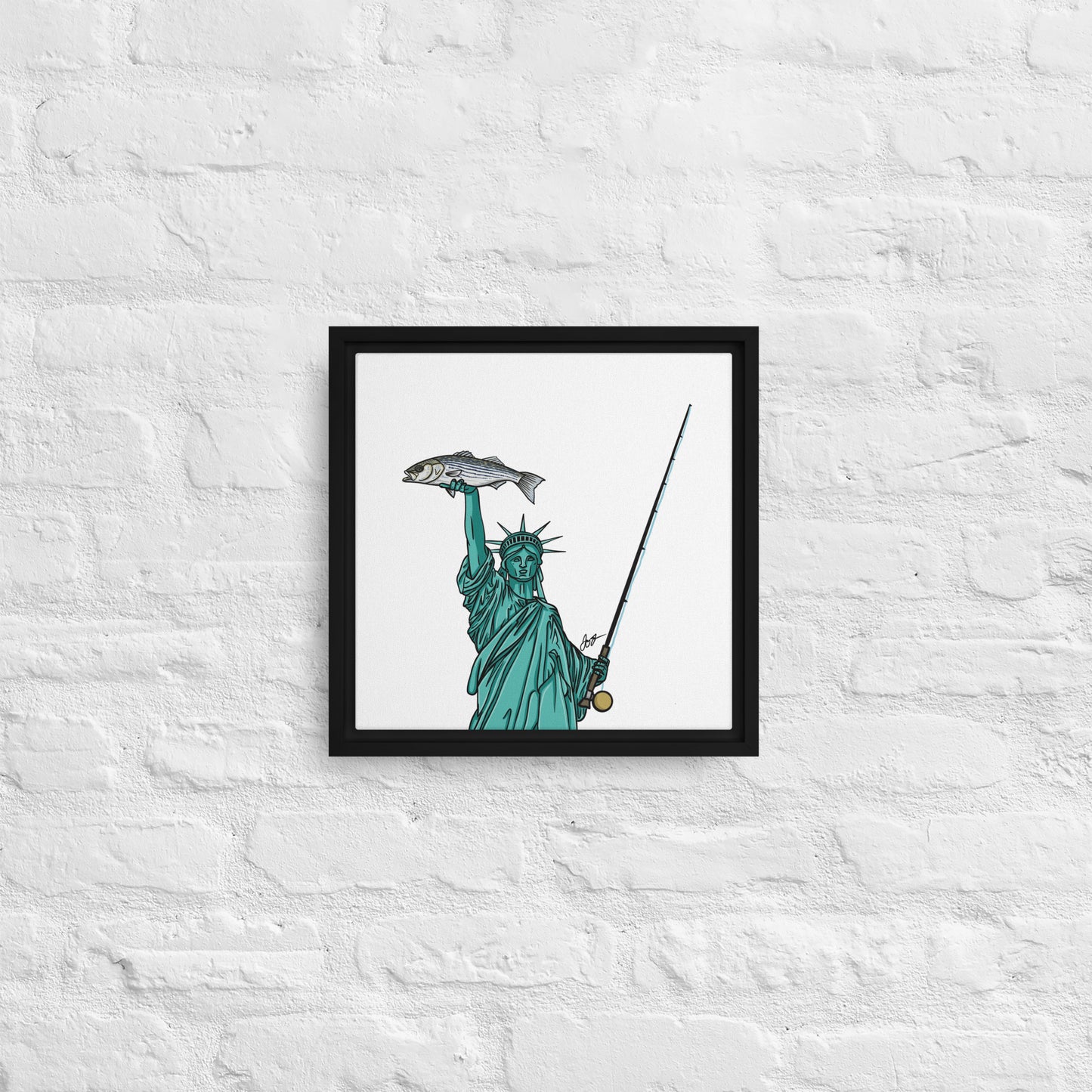 Lady Liberty Holding a Striper: Freedom! Framed Canvas Print