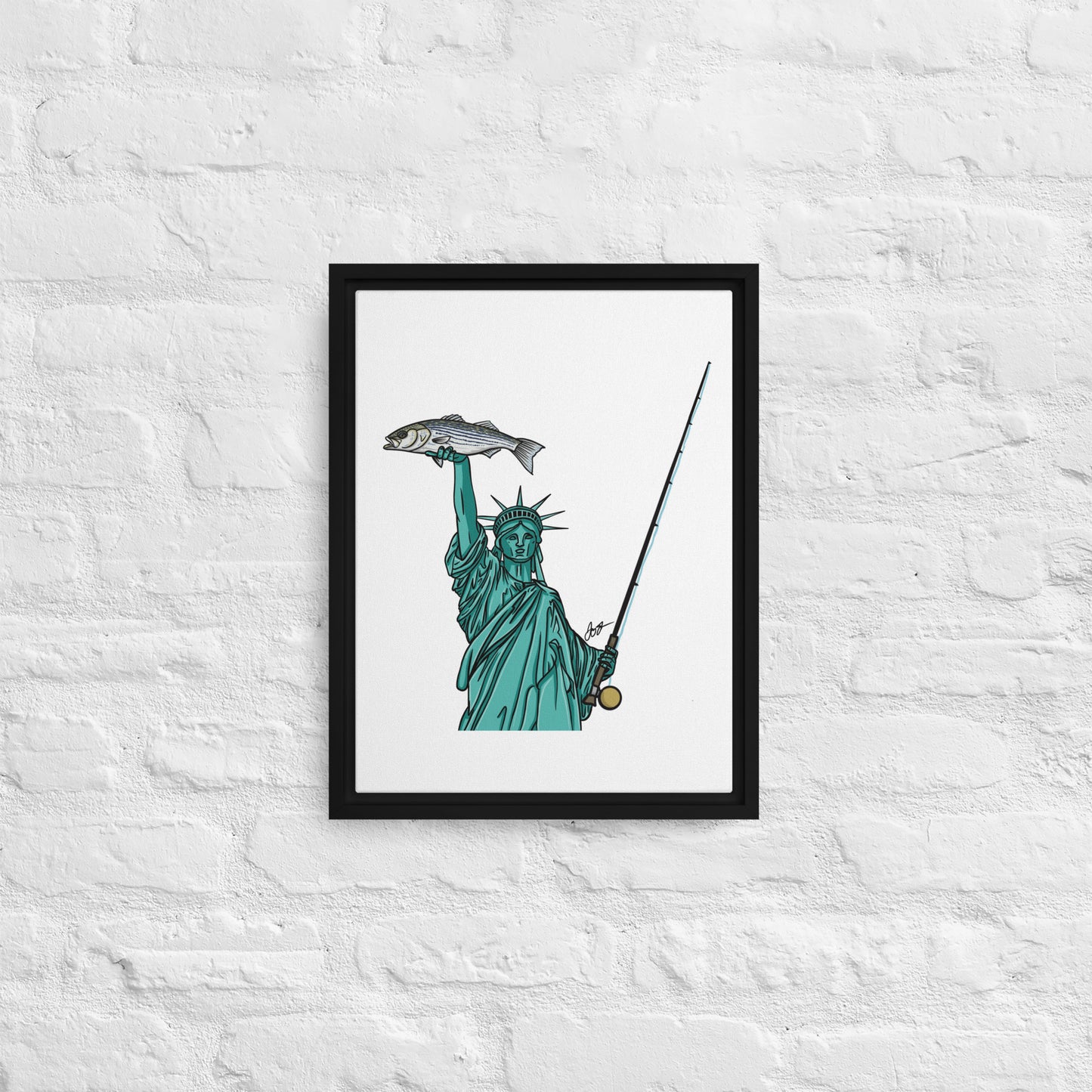 Lady Liberty Holding a Striper: Freedom! Framed Canvas Print