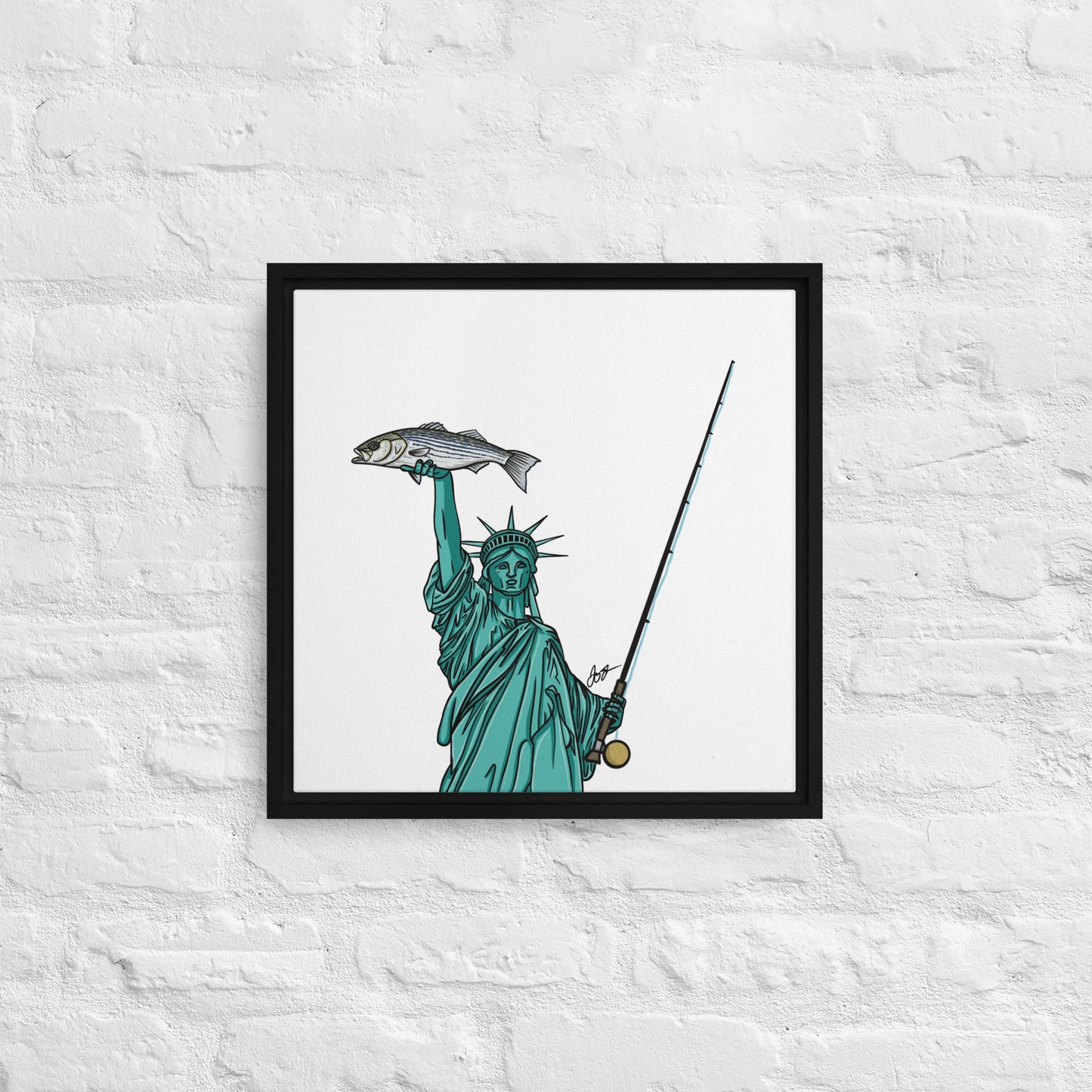 Lady Liberty Holding a Striper: Freedom! Framed Canvas Print