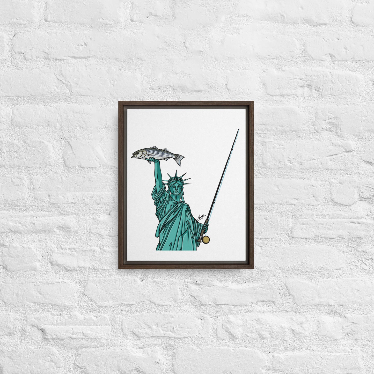 Lady Liberty Holding a Striper: Freedom! Framed Canvas Print