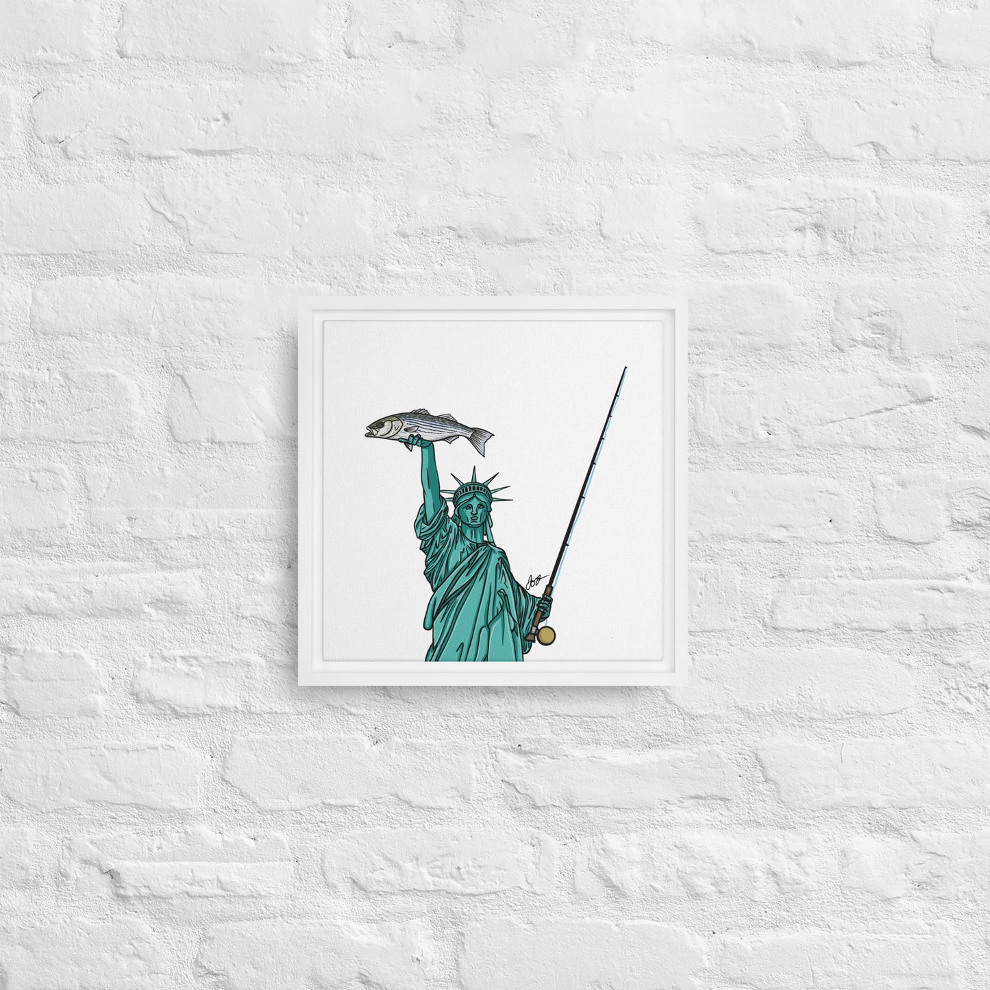 Lady Liberty Holding a Striper: Freedom! Framed Canvas Print