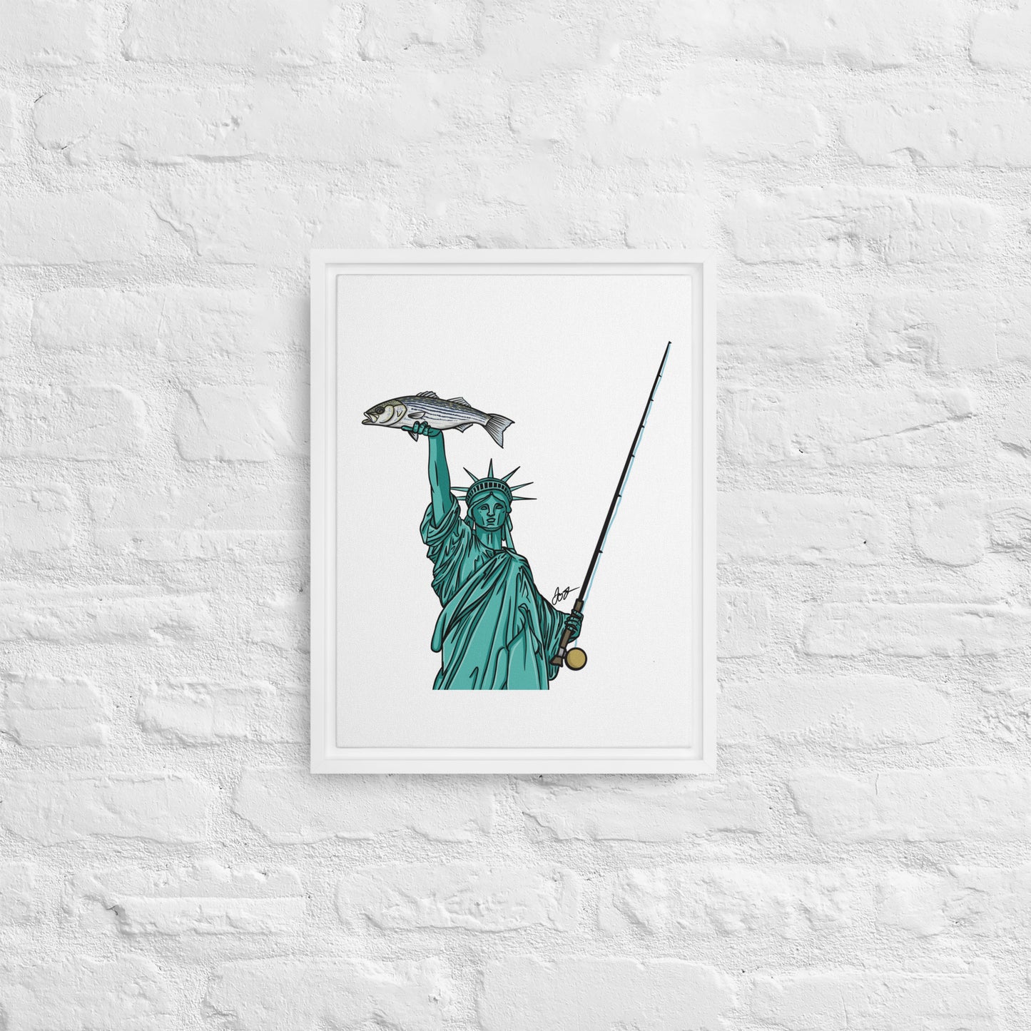 Lady Liberty Holding a Striper: Freedom! Framed Canvas Print