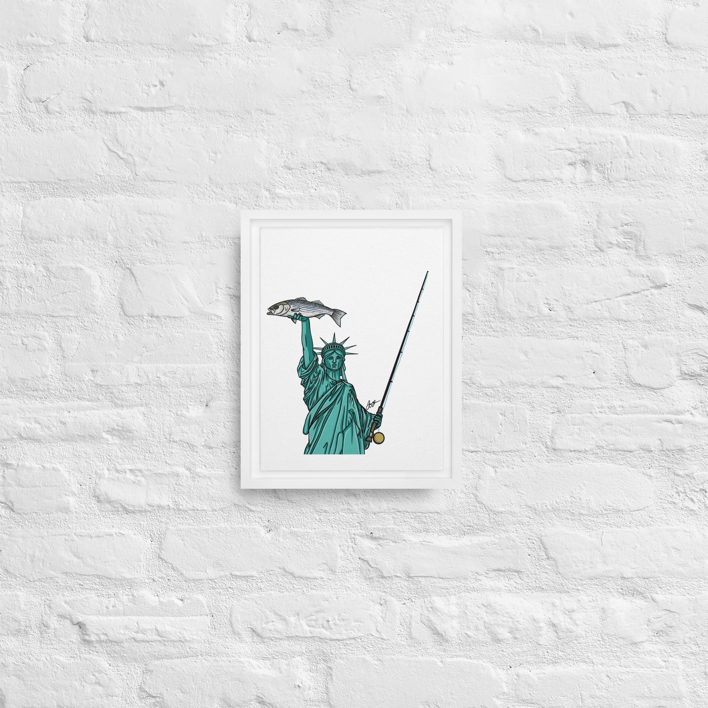 Lady Liberty Holding a Striper: Freedom! Framed Canvas Print